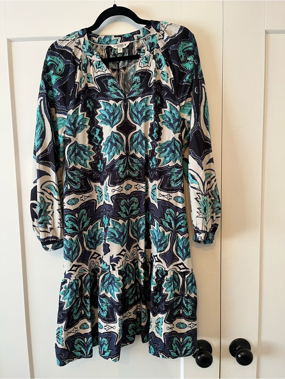 FatFace Teal, Navy & Cream Printed Long Sleeve Dress